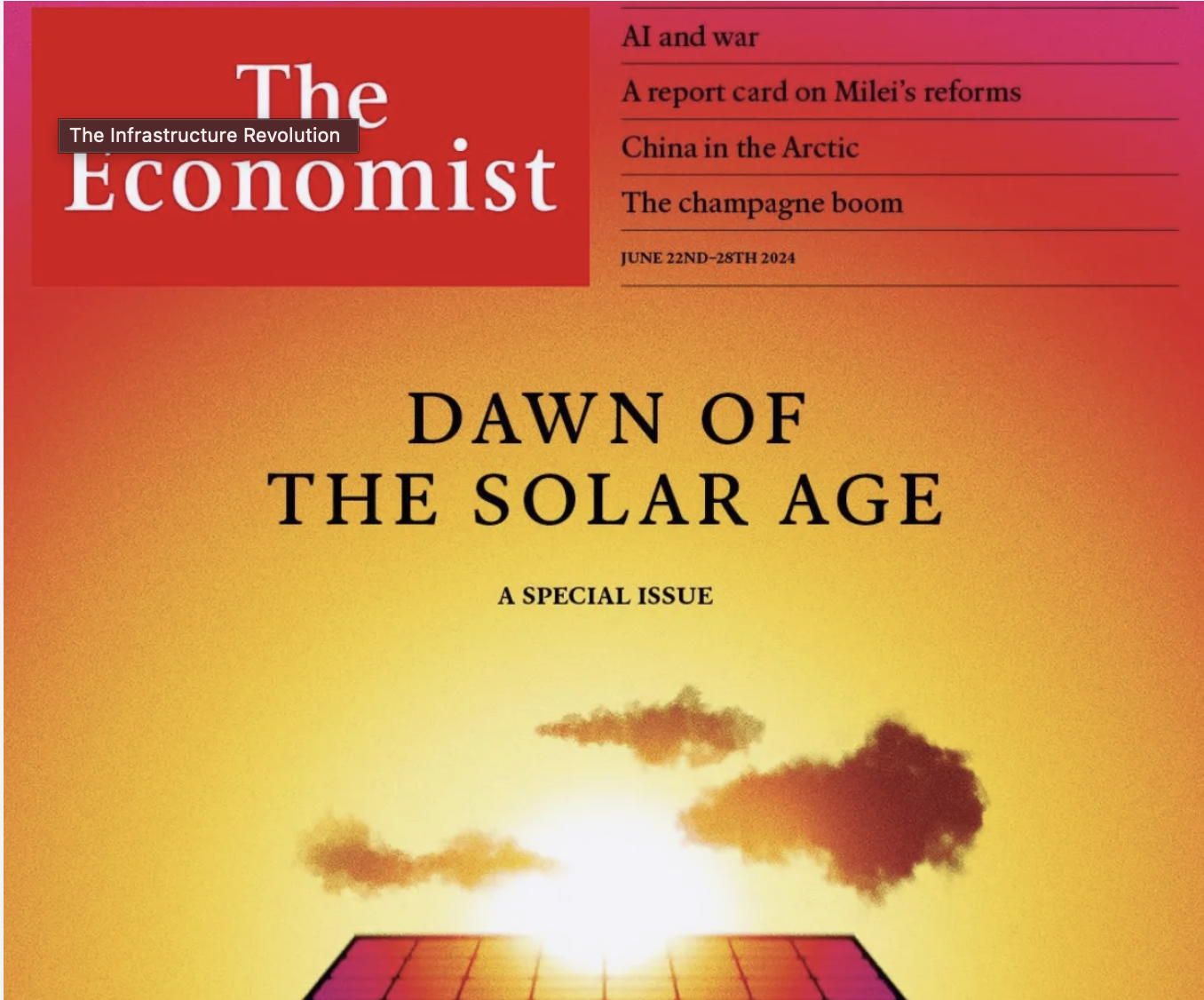 Portada de la revista The Economist mostrando un amanecer sobre paneles solares con el titular “El amanecer de la era solar”.”