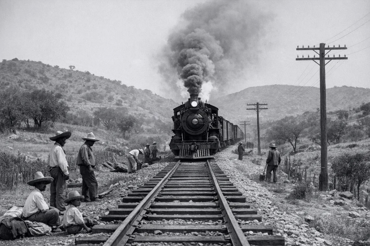 Locomotora de vapor viajando por una vía recién colocada en el México rural, con trabajadores y residentes locales parados a un lado de las vías y postes de telégrafo bordeando la ruta.
