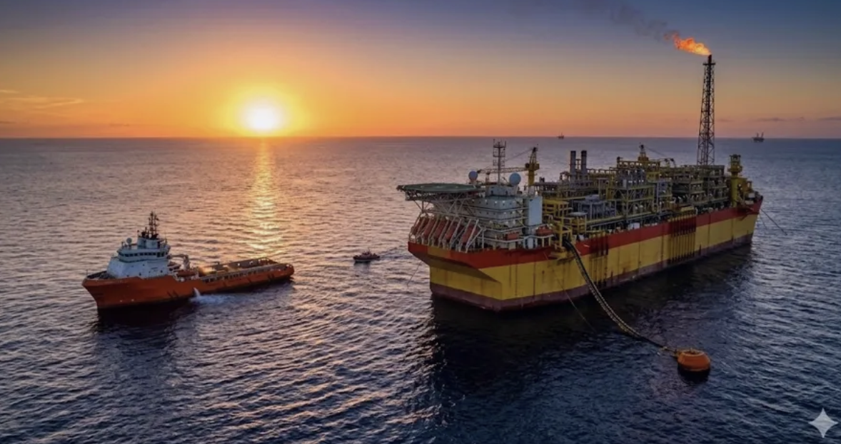 Floating production, storage, and offloading vessel operating offshore, with support ships nearby and gas flaring visible at sunset.