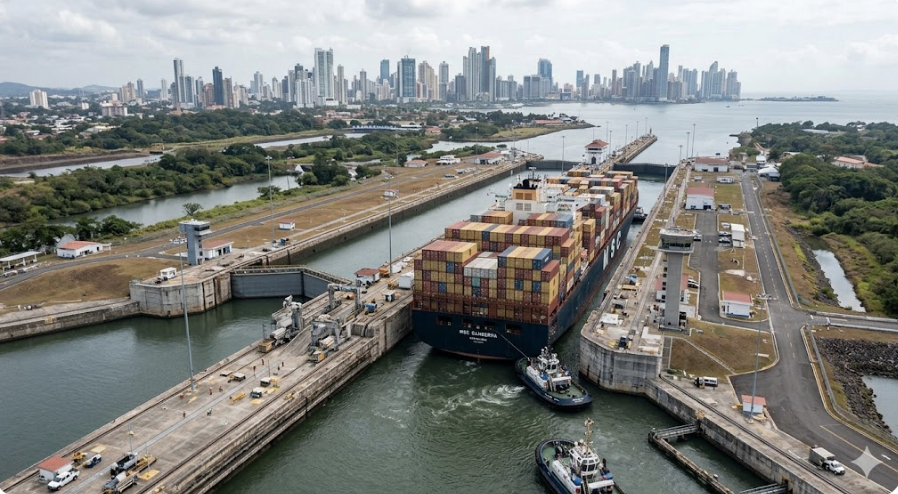 Container ship transiting the expanded Panama Canal locks with the Panama City skyline in the background.