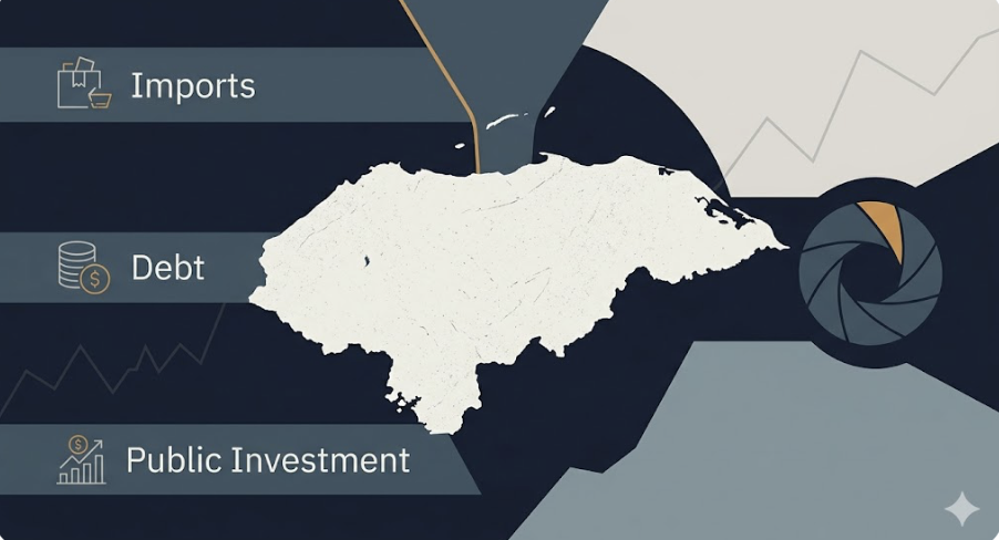 Illustration of Honduras with a narrowing funnel symbolizing foreign-exchange scarcity, and icons for imports, debt, and public investment.