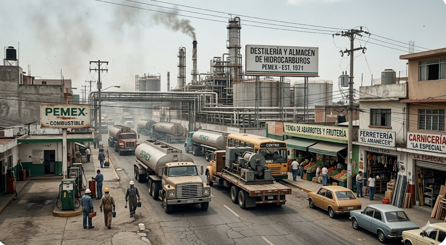 Infraestructura petrolera y comercio urbano en México durante un período de rápido crecimiento impulsado por las exportaciones de petróleo.