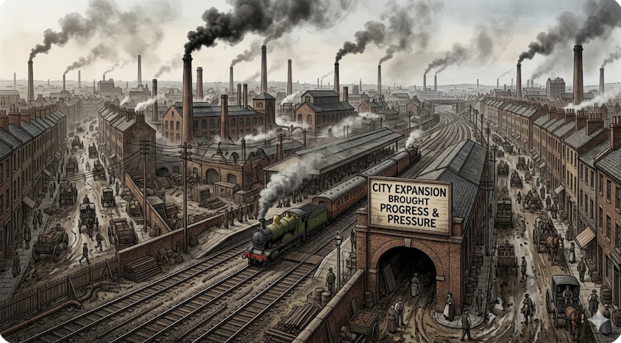 Una ciudad industrial británica abarrotada con vías de tren, fábricas, trabajadores y viviendas densas durante un período de rápido crecimiento económico.
