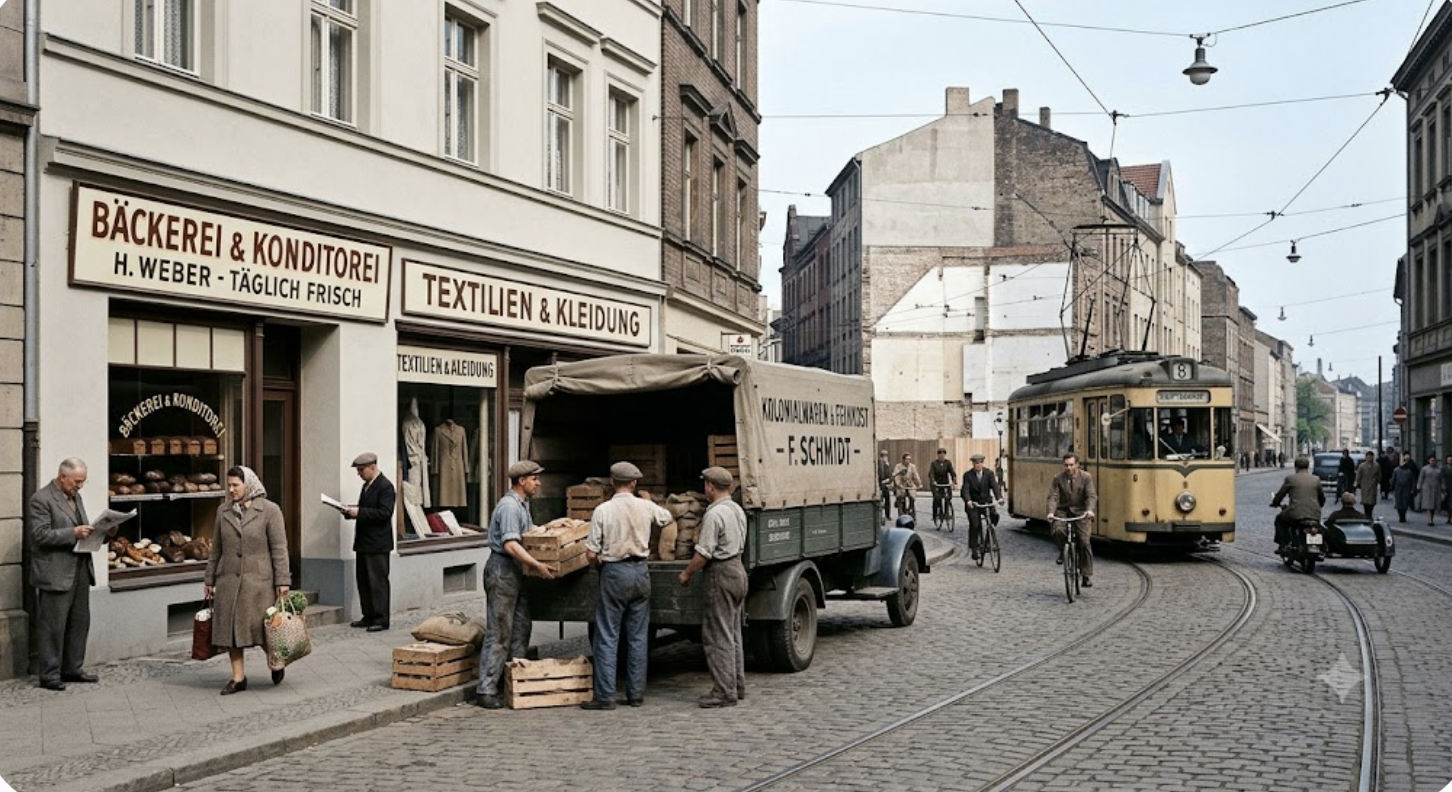 Trabajadores y compradores en una calle reconstruida de Alemania Occidental después de las reformas de 1948, con tiendas, conexiones de transporte y actividad económica cotidiana visibles.