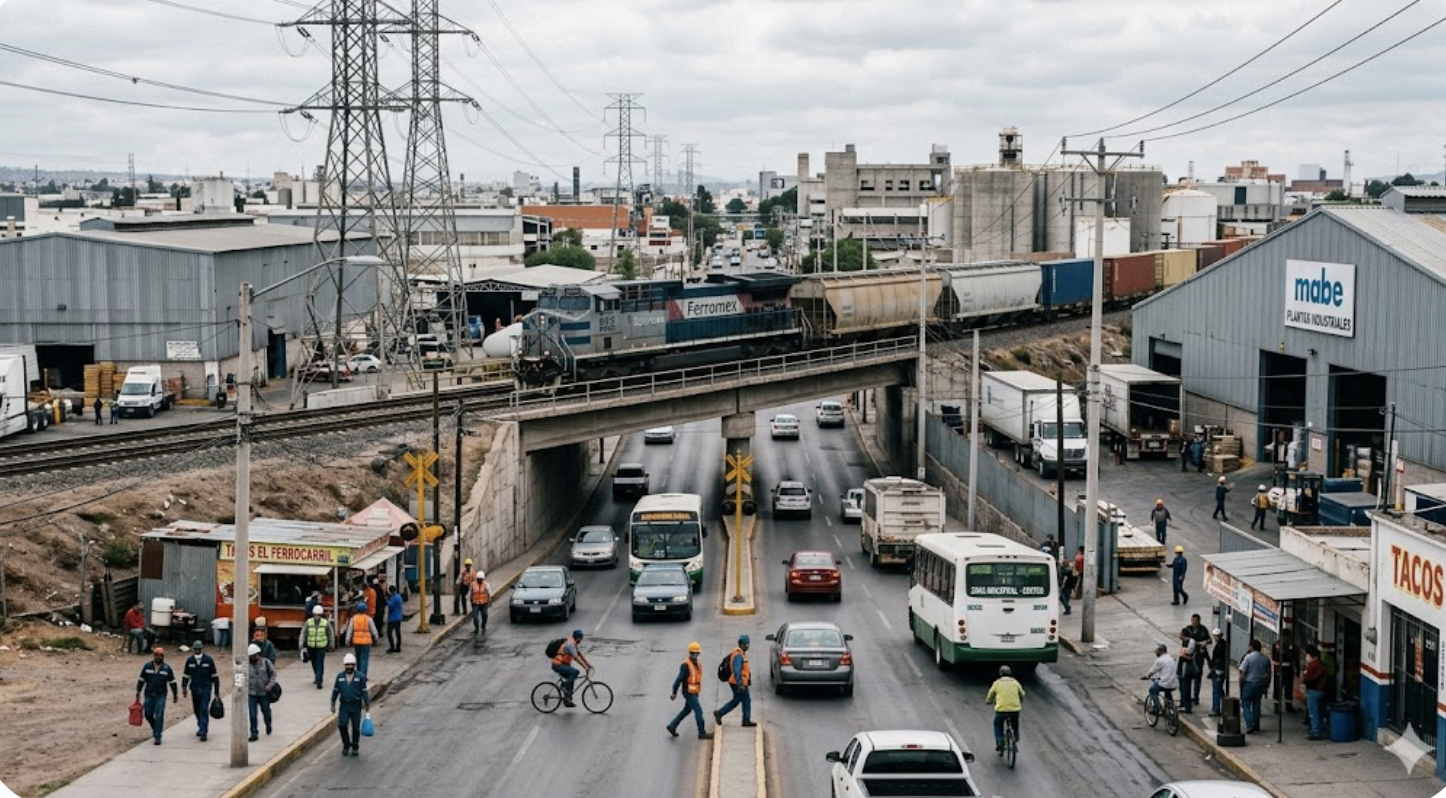 Zona industrial en México con fábricas, conexiones de transporte y trabajadores, que muestra la infraestructura detrás del crecimiento industrial de mediados de siglo.