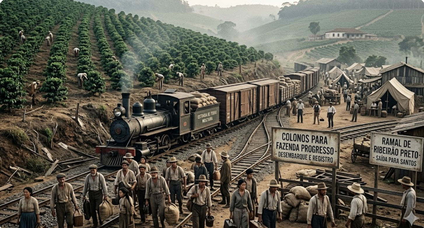 Coffee production in São Paulo linked to rail transport and migrant labor during Brazil's late-19th-century export expansion.