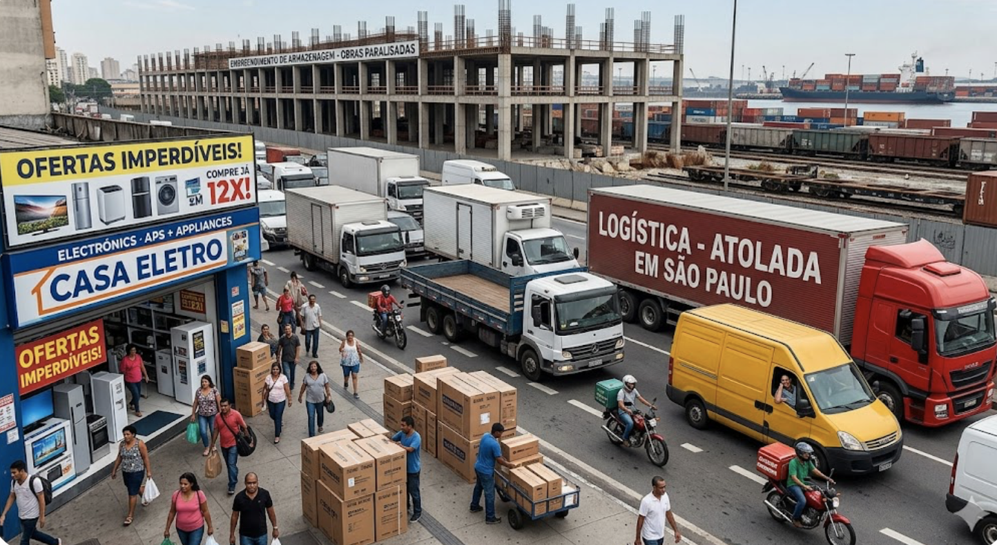 Busy consumer commerce in Brazil alongside strained transport infrastructure, showing demand rising faster than productive capacity.