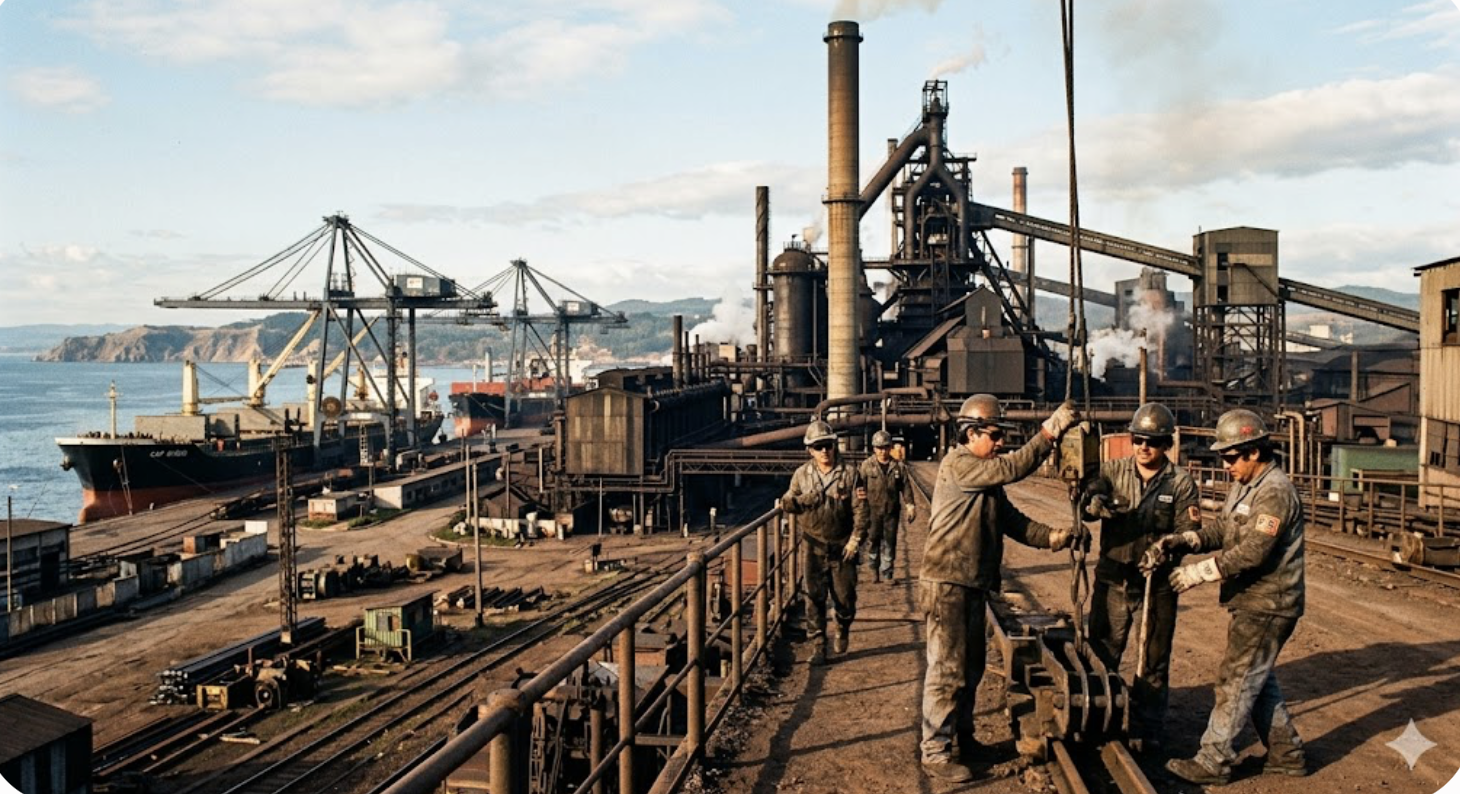 Workers at the Huachipato integrated steel mill near Talcahuano, Chile, with blast furnaces behind them