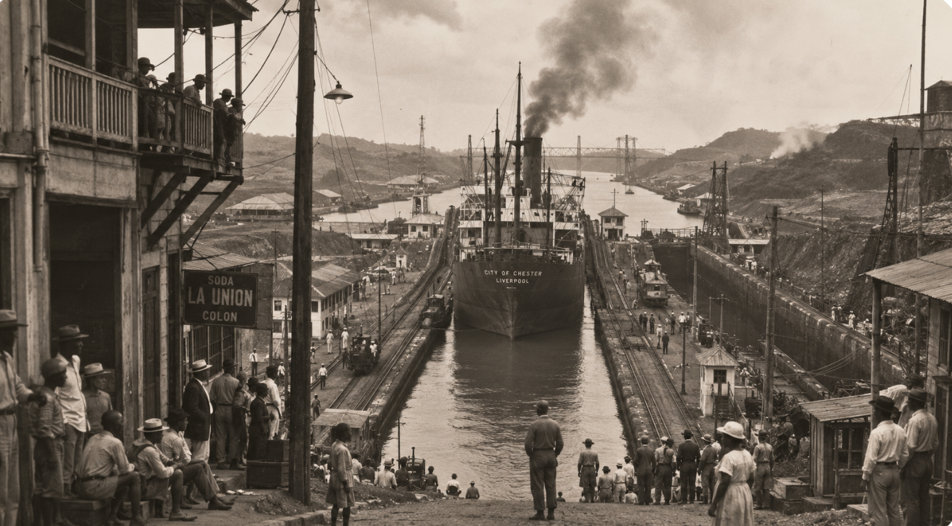 Cargo ship in canal locks beside crowded city housing under the Canal Zone commissary system.